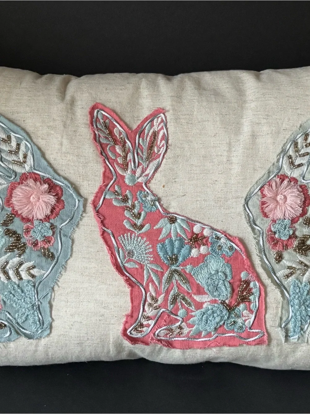 Pier 1 Appliqué Embroidered Rabbit Design Pillow Boho Cottagecore Fringe 20x11